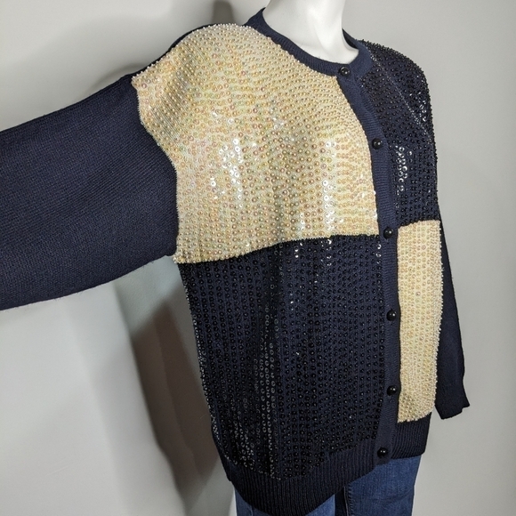 Vintage Regency Collection black white blue sequin cardigan sweater L - Picture 5 of 8
